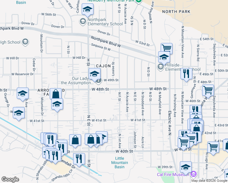 map of restaurants, bars, coffee shops, grocery stores, and more near 625 West 48th Street in San Bernardino