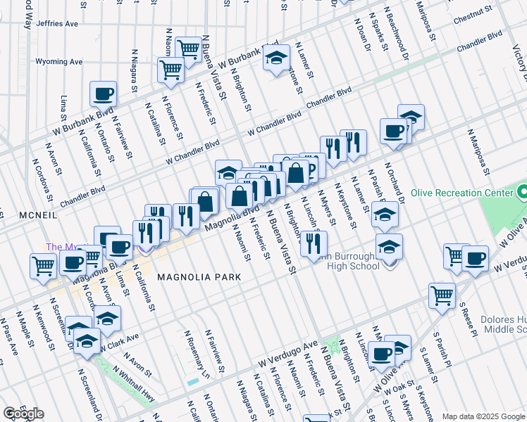 map of restaurants, bars, coffee shops, grocery stores, and more near in Burbank
