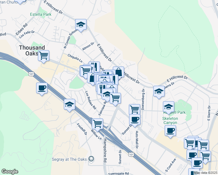 map of restaurants, bars, coffee shops, grocery stores, and more near 2873 Thousand Oaks Boulevard in Thousand Oaks