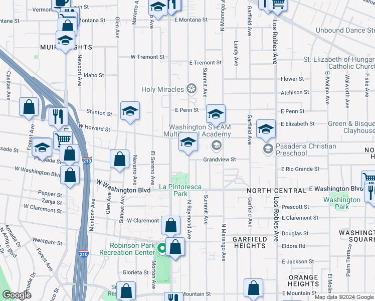 map of restaurants, bars, coffee shops, grocery stores, and more near 1520 North Raymond Avenue in Pasadena