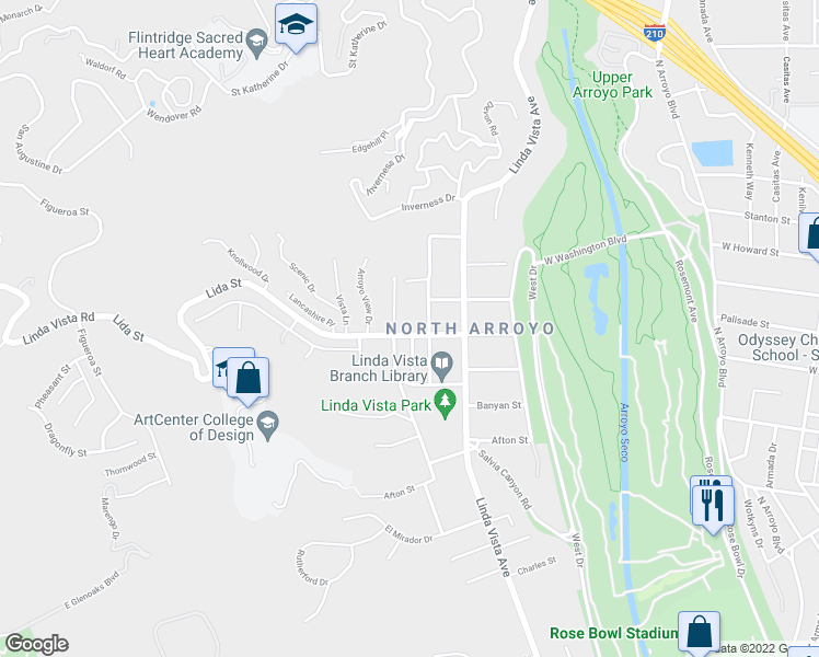 map of restaurants, bars, coffee shops, grocery stores, and more near 1337 Lida Street in Pasadena