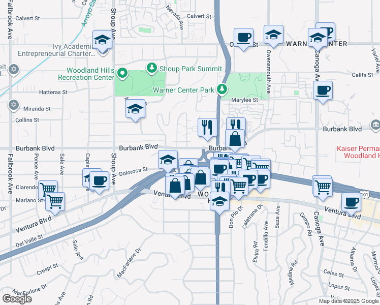 map of restaurants, bars, coffee shops, grocery stores, and more near 22100 Burbank Boulevard in Los Angeles