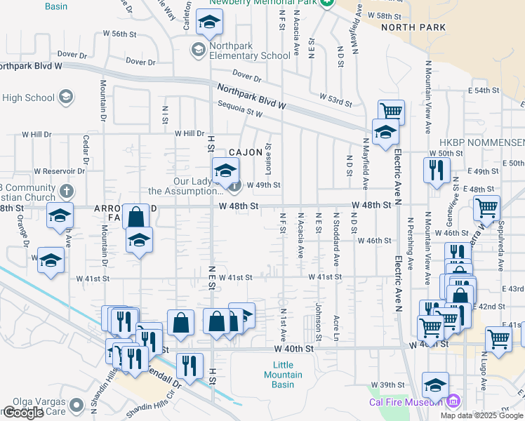 map of restaurants, bars, coffee shops, grocery stores, and more near 641 West 48th Street in San Bernardino