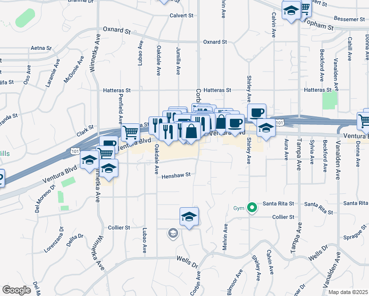 map of restaurants, bars, coffee shops, grocery stores, and more near 19710 Ventura Boulevard in Los Angeles