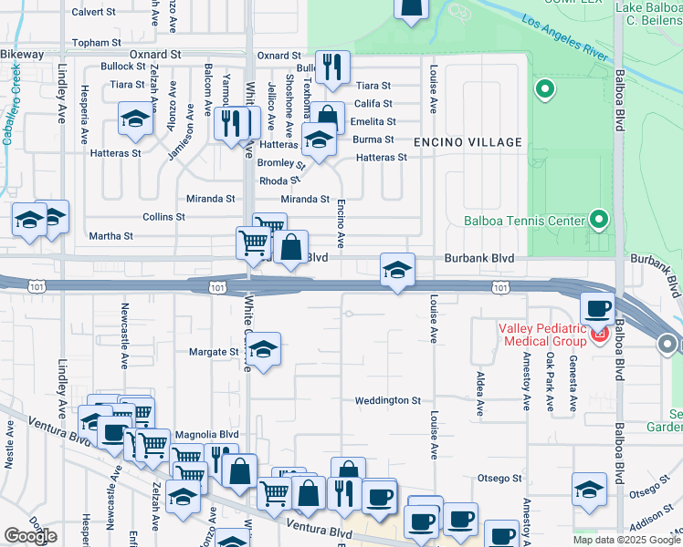 map of restaurants, bars, coffee shops, grocery stores, and more near 5534 Encino Avenue in Los Angeles