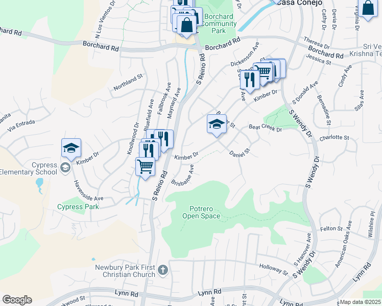 map of restaurants, bars, coffee shops, grocery stores, and more near 3653 Kimber Drive in Thousand Oaks