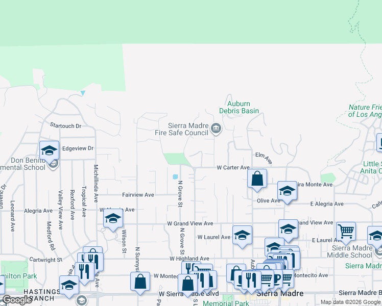 map of restaurants, bars, coffee shops, grocery stores, and more near 691 Chaparral Road in Sierra Madre