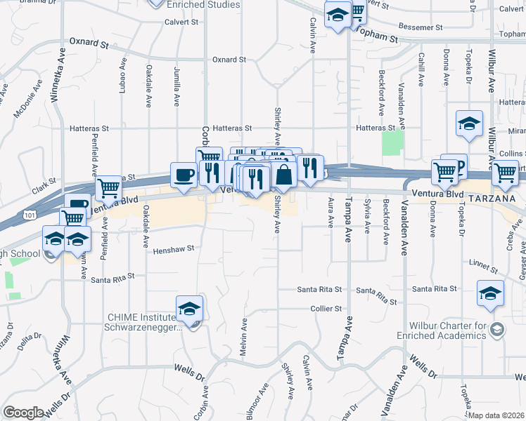 map of restaurants, bars, coffee shops, grocery stores, and more near 5541 Shirley Avenue in Los Angeles