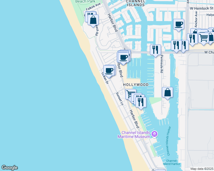map of restaurants, bars, coffee shops, grocery stores, and more near 3945 Ocean Drive in Oxnard