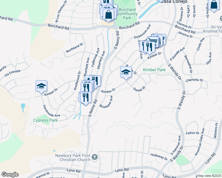 map of restaurants, bars, coffee shops, grocery stores, and more near 3653 Kimber Drive in Thousand Oaks