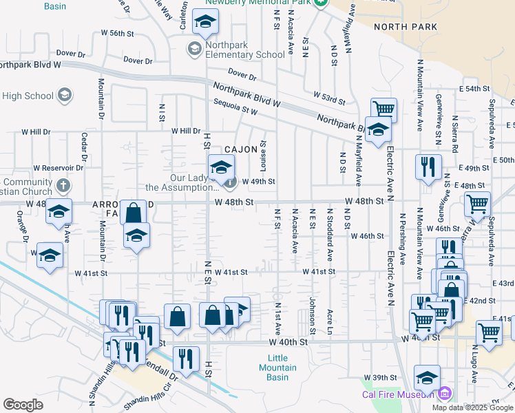 map of restaurants, bars, coffee shops, grocery stores, and more near 641 West 48th Street in San Bernardino