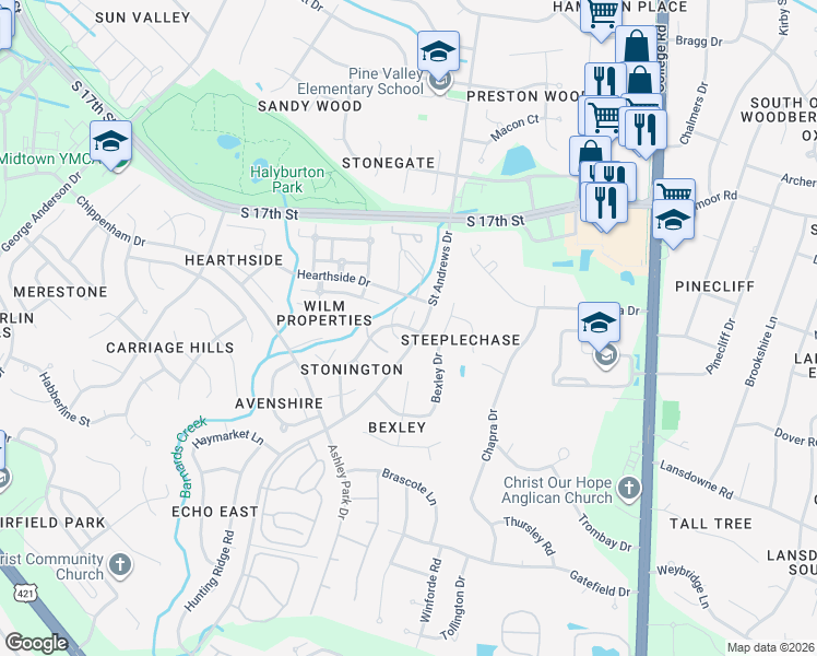 map of restaurants, bars, coffee shops, grocery stores, and more near 4248 Woodstock Drive in Wilmington