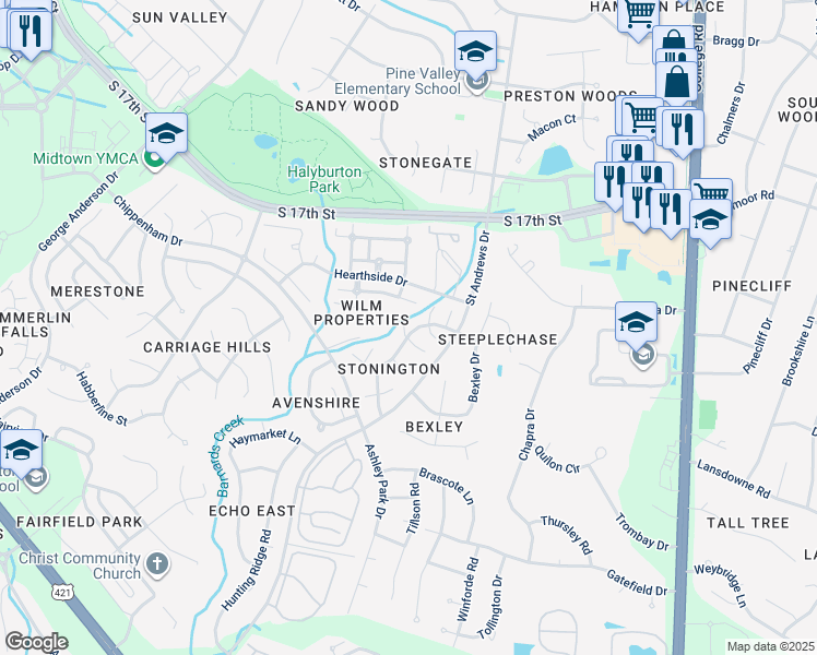 map of restaurants, bars, coffee shops, grocery stores, and more near 1500-1504 Amhearst Court in Wilmington