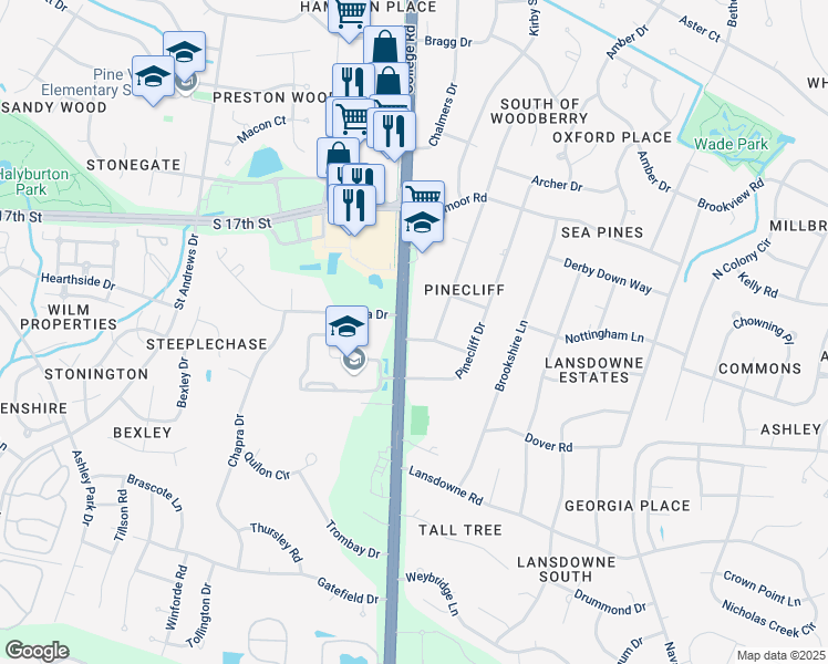 map of restaurants, bars, coffee shops, grocery stores, and more near 101 Oakcliff Drive in Wilmington