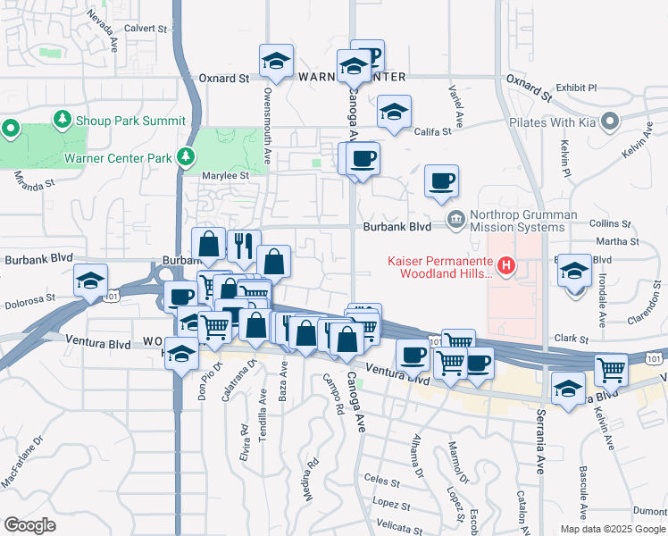 map of restaurants, bars, coffee shops, grocery stores, and more near 5545 Canoga Avenue in Los Angeles