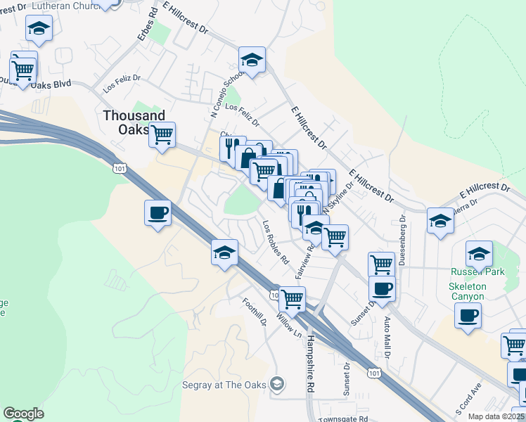 map of restaurants, bars, coffee shops, grocery stores, and more near 2665 Los Robles Road in Thousand Oaks