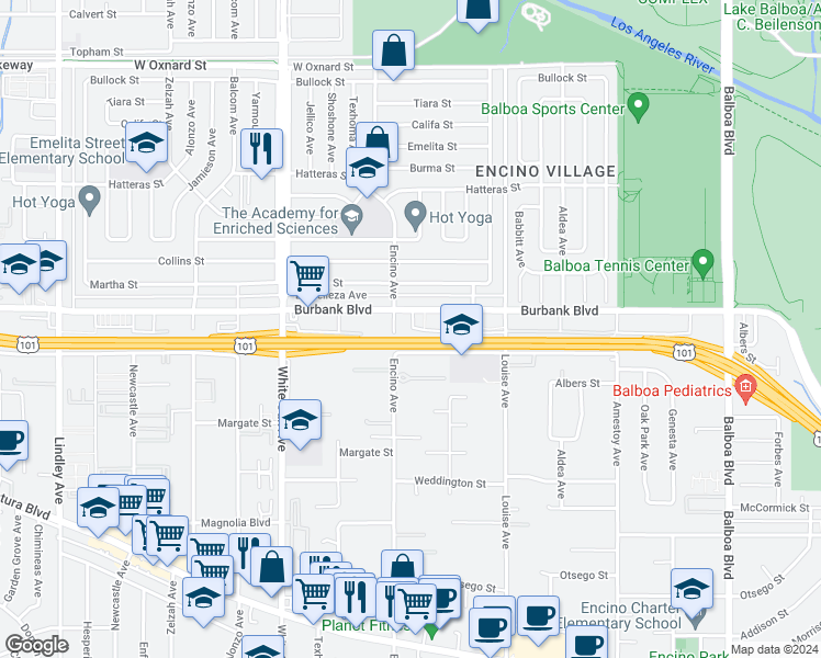 map of restaurants, bars, coffee shops, grocery stores, and more near 5534 Encino Avenue in Los Angeles