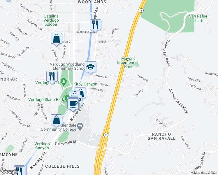 map of restaurants, bars, coffee shops, grocery stores, and more near 1864 Arvin Drive in Glendale