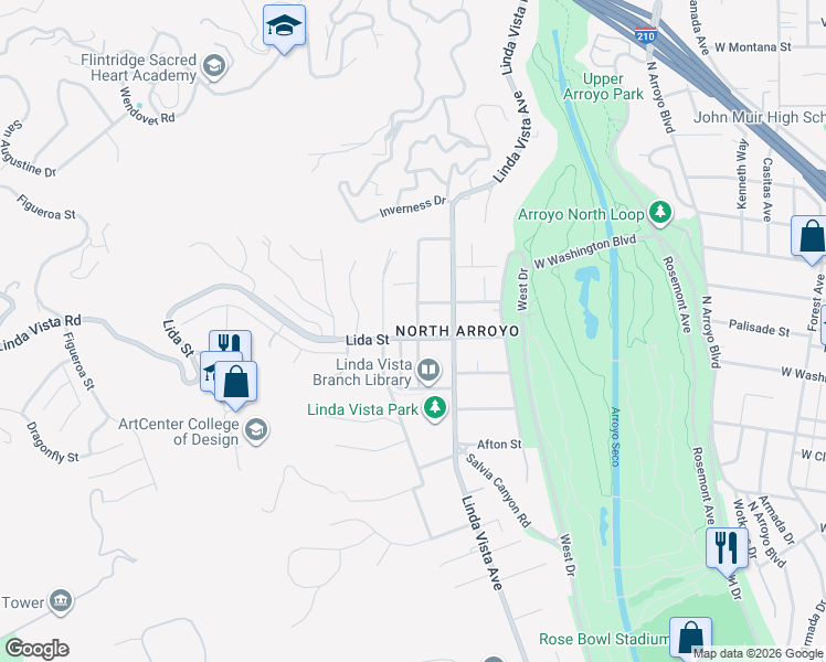 map of restaurants, bars, coffee shops, grocery stores, and more near 1337 Lida Street in Pasadena