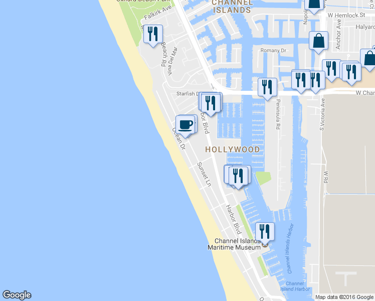 map of restaurants, bars, coffee shops, grocery stores, and more near 3944 Ocean Drive in Oxnard