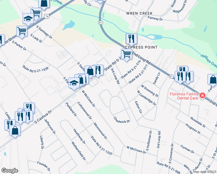 map of restaurants, bars, coffee shops, grocery stores, and more near 2305 Knightsbridge Road in Florence