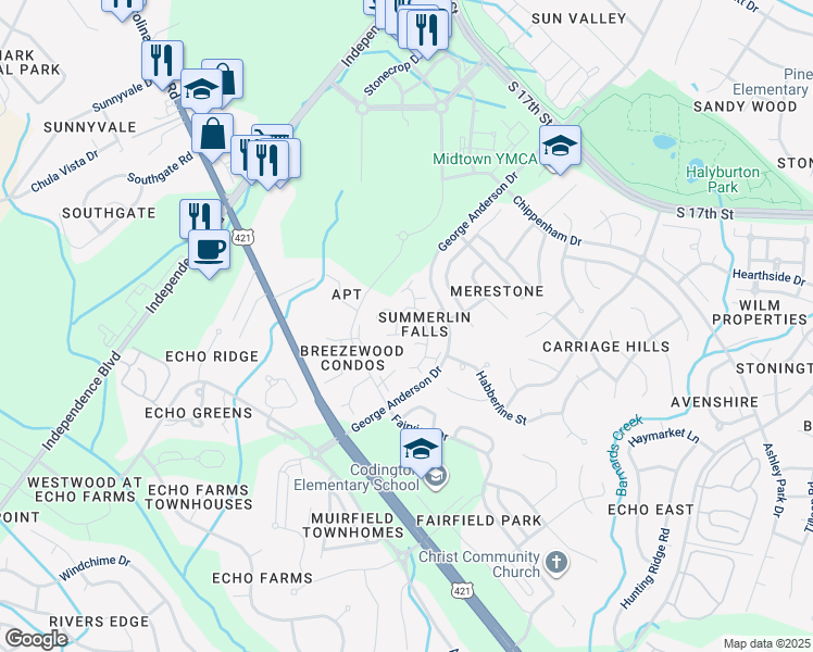 map of restaurants, bars, coffee shops, grocery stores, and more near 1011 Summerlin Falls Court in Wilmington
