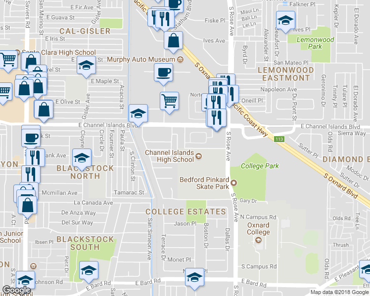 map of restaurants, bars, coffee shops, grocery stores, and more near 4300 Dallas Drive in Oxnard