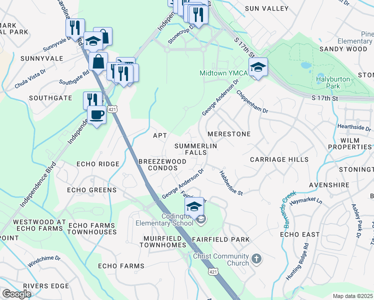 map of restaurants, bars, coffee shops, grocery stores, and more near 1011 Summerlin Falls Court in Wilmington