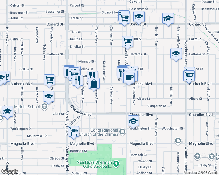 map of restaurants, bars, coffee shops, grocery stores, and more near 5496 Katherine Avenue in Los Angeles