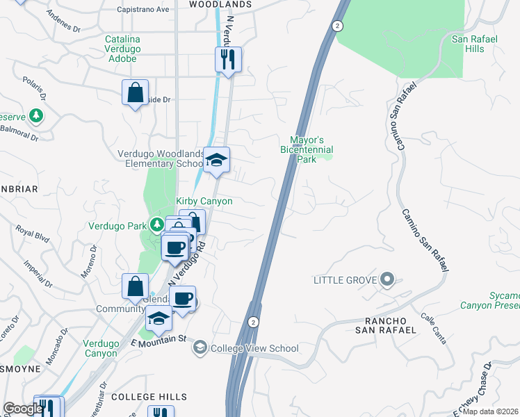 map of restaurants, bars, coffee shops, grocery stores, and more near 1864 Arvin Drive in Glendale