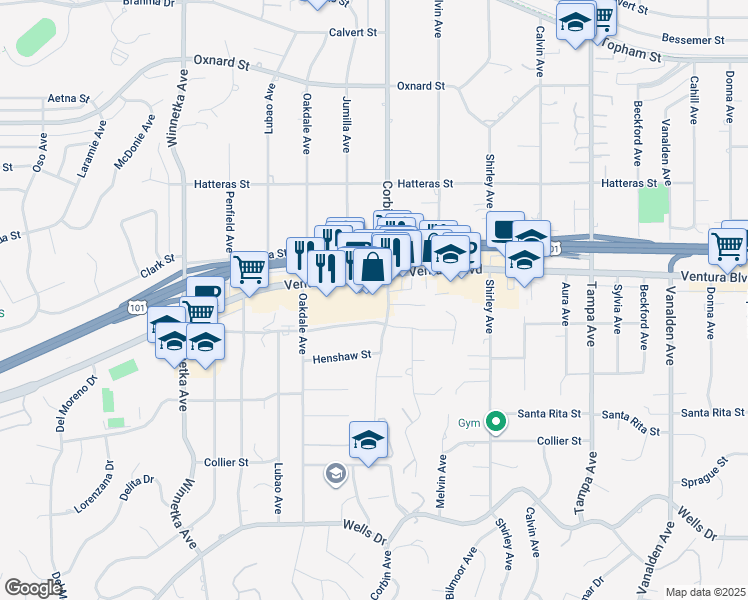 map of restaurants, bars, coffee shops, grocery stores, and more near 19710 Ventura Boulevard in Los Angeles