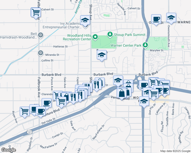 map of restaurants, bars, coffee shops, grocery stores, and more near 22346 Burbank Boulevard in Los Angeles