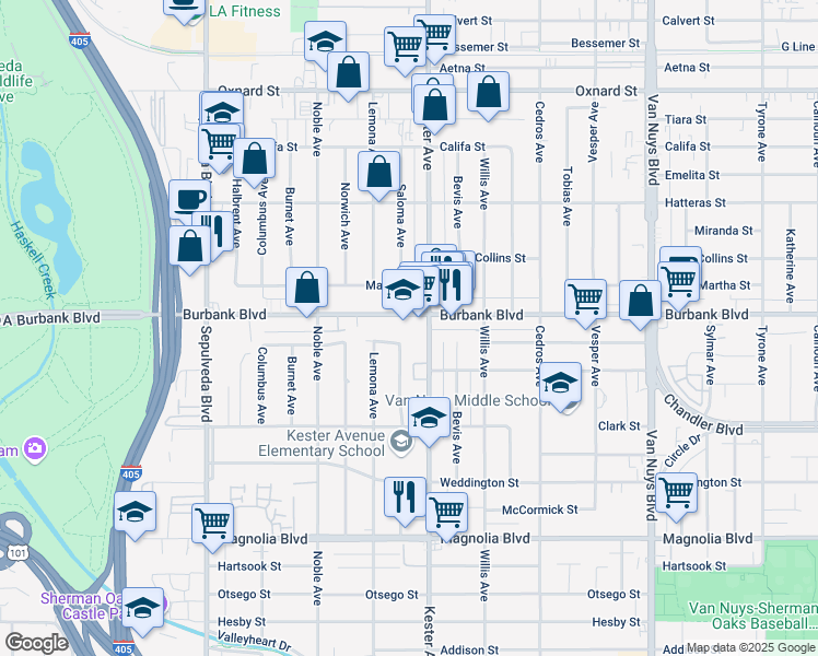 map of restaurants, bars, coffee shops, grocery stores, and more near 5531 Kester Avenue in Los Angeles