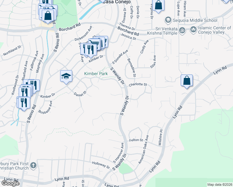 map of restaurants, bars, coffee shops, grocery stores, and more near 3231 Heatherfield Court in Thousand Oaks