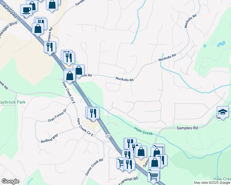 map of restaurants, bars, coffee shops, grocery stores, and more near 2595 Grapevine Circle in Cumming