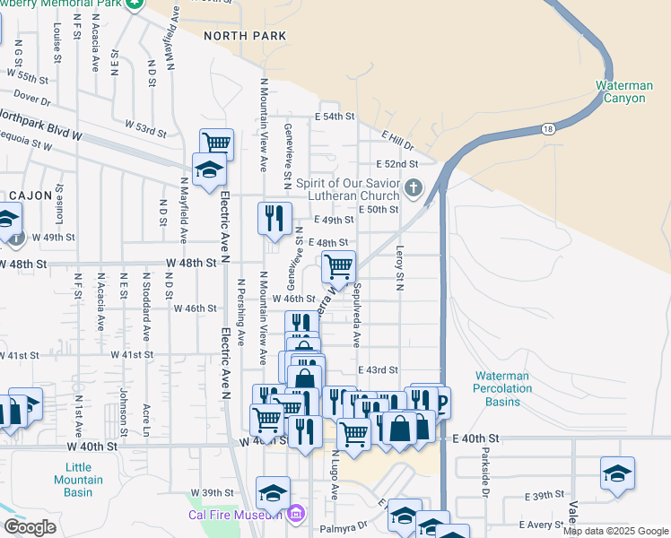 map of restaurants, bars, coffee shops, grocery stores, and more near 4728 Olivewood Lane in San Bernardino