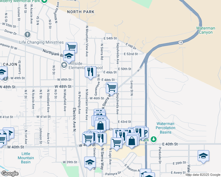 map of restaurants, bars, coffee shops, grocery stores, and more near 4728 Olivewood Lane in San Bernardino