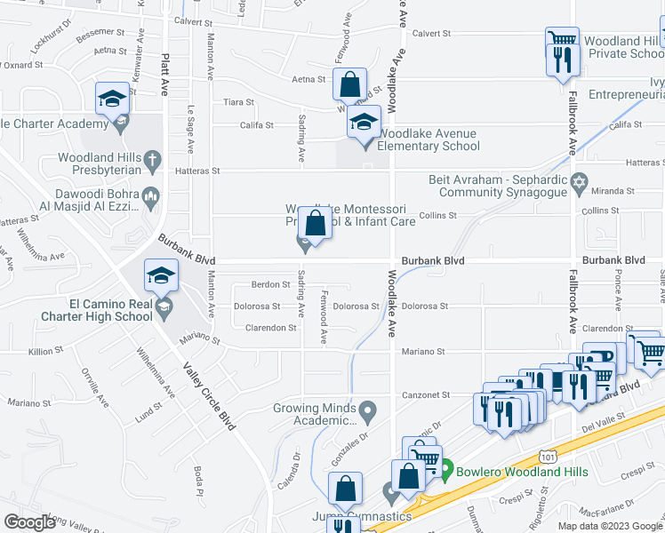 map of restaurants, bars, coffee shops, grocery stores, and more near 23320 Burbank Boulevard in Los Angeles