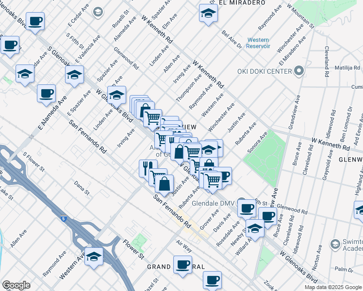 map of restaurants, bars, coffee shops, grocery stores, and more near 1124 Western Avenue in Glendale