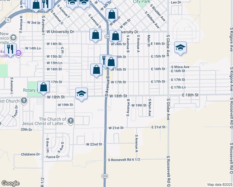 map of restaurants, bars, coffee shops, grocery stores, and more near 304 West 18th Street in Portales