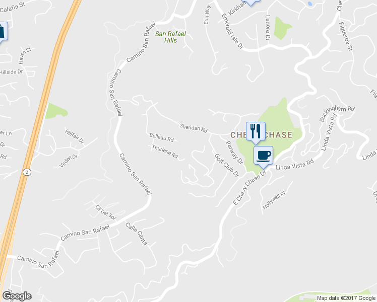 map of restaurants, bars, coffee shops, grocery stores, and more near 3065 Paddington Road in Glendale