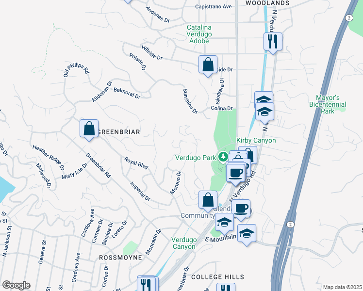 map of restaurants, bars, coffee shops, grocery stores, and more near 1649 Lamego Drive in Glendale