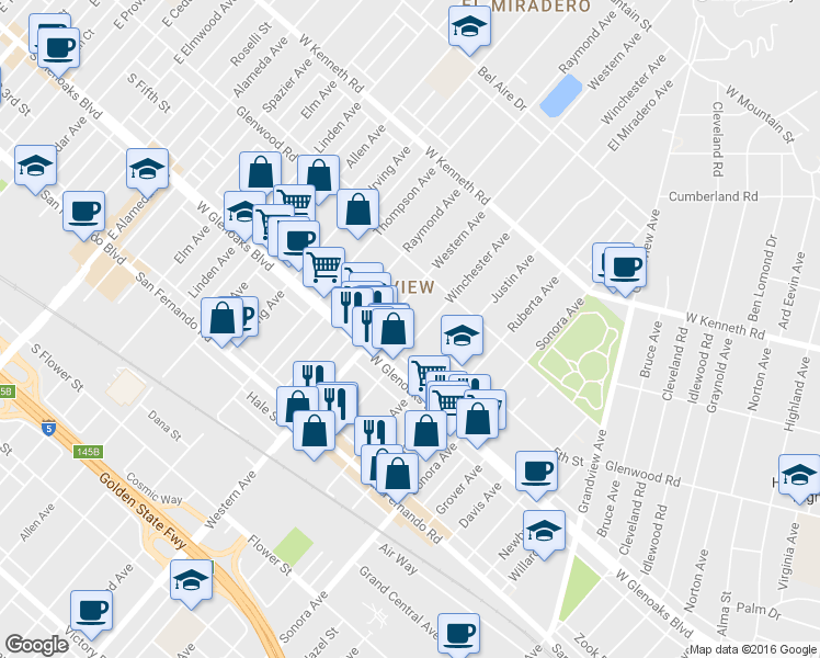 map of restaurants, bars, coffee shops, grocery stores, and more near 1126 Western Avenue in Glendale