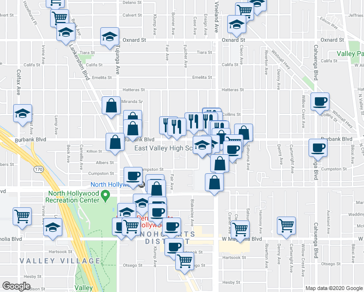 map of restaurants, bars, coffee shops, grocery stores, and more near 5554 Bonner Avenue in Los Angeles