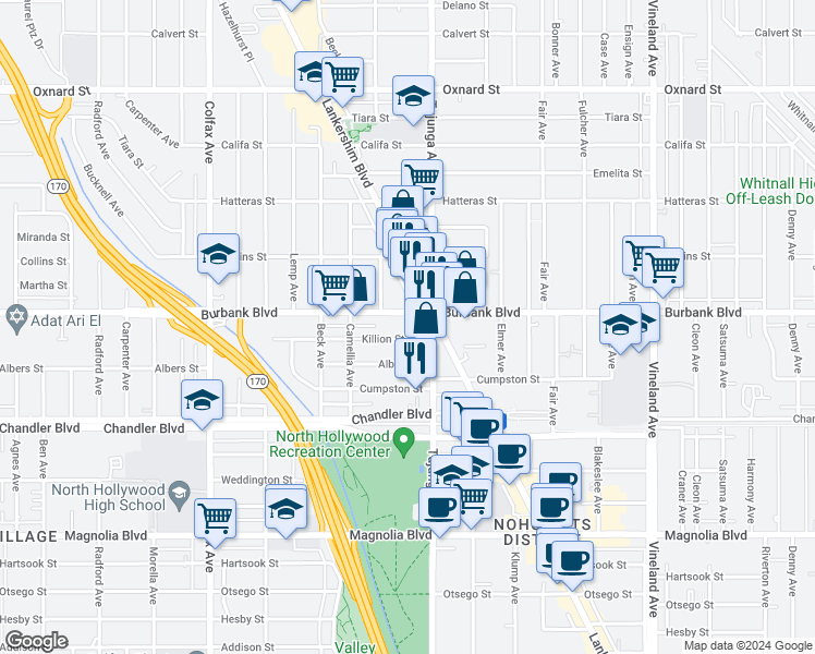 map of restaurants, bars, coffee shops, grocery stores, and more near 11425 Killion Street in Los Angeles