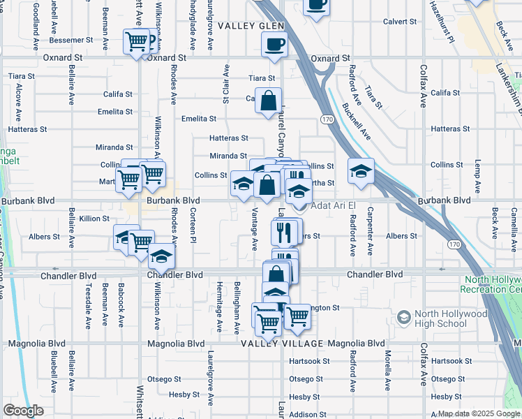 map of restaurants, bars, coffee shops, grocery stores, and more near 5540 Vantage Avenue in Los Angeles