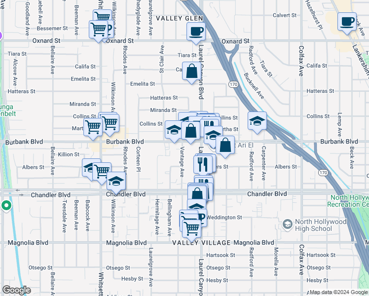 map of restaurants, bars, coffee shops, grocery stores, and more near 5540 Vantage Avenue in Los Angeles