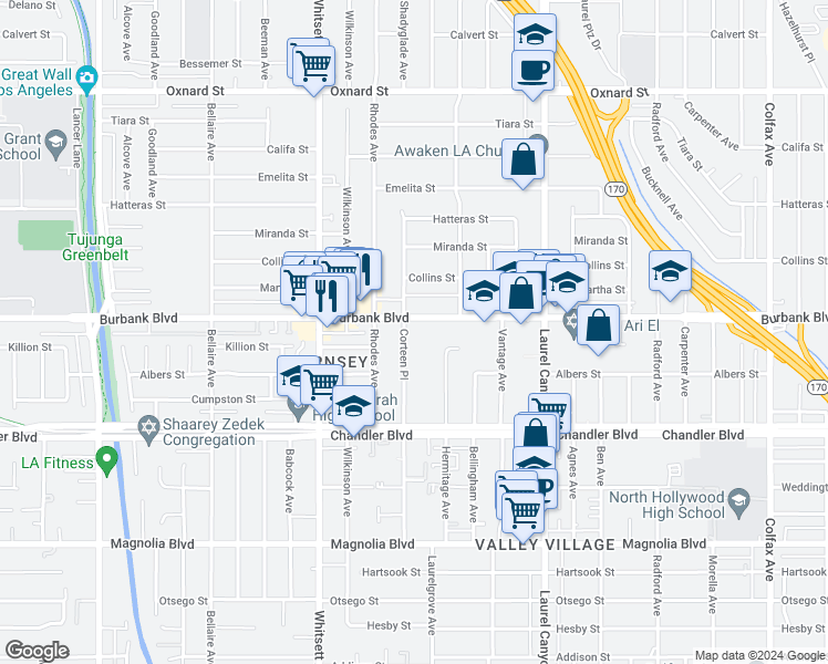 map of restaurants, bars, coffee shops, grocery stores, and more near 12304 Burbank Boulevard in Los Angeles