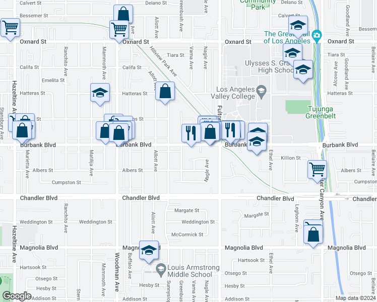 map of restaurants, bars, coffee shops, grocery stores, and more near 13411 Killion Street in Los Angeles