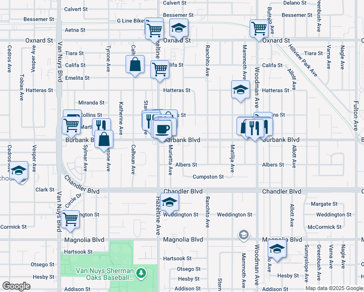 map of restaurants, bars, coffee shops, grocery stores, and more near 5542 Murietta Avenue in Los Angeles
